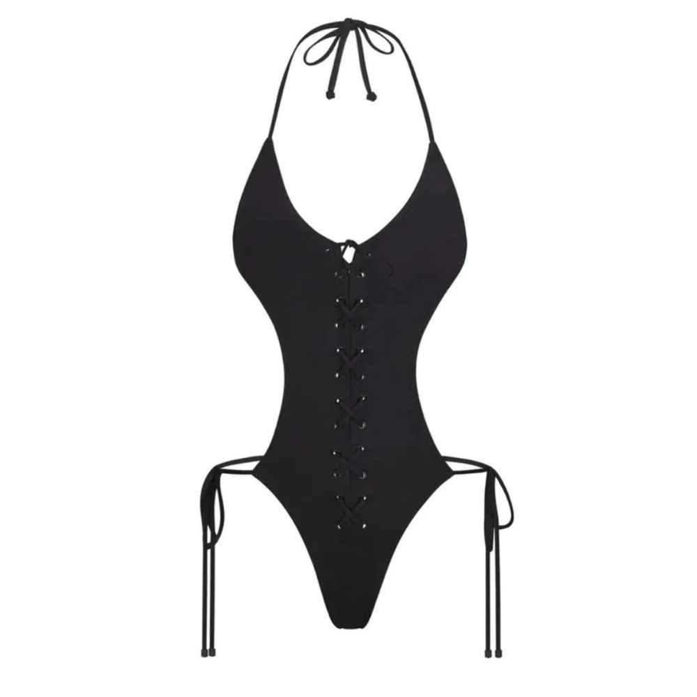 SKIMS Black Lace-Up Swimsuit
